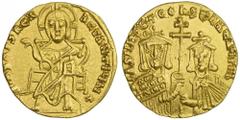 BYZANTINE EMPIRE: Basil I, the Macedonian, 867-886, AV solidus (4.39g), S-1704, Christ enthroned facing, nimbate and holding book of gospels and raising hand in benediction / crowned facing busts of B