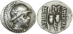 INDO-GREEK: Eucratides I, ca. 170-145 BC, AR obol (0.70g), Bop-9C, helmeted bust right / the two caps of the Dioscuri, VF to EF.