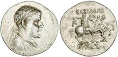 INDO-GREEK: Eukratides I, ca. 170-145 BC, AR tetradrachm (16.85g), Bop-1C, diademed bust right / the Dioscuri on horseback, galloping right, bold strike, bold VF.