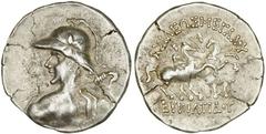 INDO-GREEK: Eukratides I, ca. 170-145 BC, AR tetradrachm (16.91g), Bop-8, heroic bust of Eukratides, viewed from behind, wearing crested Boiotian helmet / the Dioscuri on horseback holding palms and s
