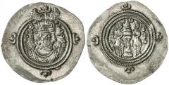 SASANIAN KINGDOM: Azarmidokht, 631, AR drachm (4.12g), WYHC (theTreasury mint), year 1, G-—, Sunrise-1007, Mochiri-505/10, standard designs, bearded bust, superb strike, choice EF, RR. A similar piece