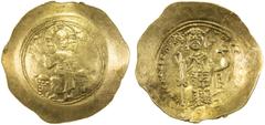 Ancient BYZANTINE EMPIRE: Nicephorus III Botaniates, 1078-1081, electrum histamenon (4.31g), S-1881, Christ entrhoned // emperor standing, holding latarum & globus cruciger, weakly struck obverse, VF 