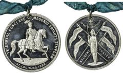 US Coins, Tokens & Medals UNITED STATES:1886, aluminum medal, Unc, 38mm, TRIENNIAL CONCLAVE MASONIC KNIGHTS TEMPLAR around knight on horseback right, ST. LOUIS, MO 1886 below // IN HOC SIGNO VINCES ("