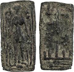 India - Ceylon (Ancient & Medieval) CEYLON: Anonymous, 1st-2nd Century AD, AE plaque (4.49g), Mitch-5050, deity standing between two standards // swastika atop railed pole, coin alignment, Fine, ex Ja