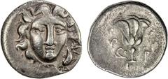 Ancient - Greek & Roman RHODES: AR drachm (2.26g), 205-188 BC, SNG Keck-589 var, pseudo-Rhodian issue, struck in Caria or Lycia, magistrate Mousaios, head of Helios facing slightly right, countermark 