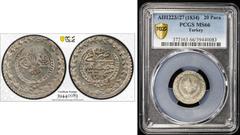 Ottoman Empire TURKEY: Mahmud II, 1808-1839, AR 20 para (yirmilik), Kostantiniye, AH1223 year 27, KM-596, a fantastic quality example! PCGS graded MS66.