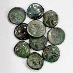 Group Lots - Ancient MACEDONIA: LOT of 10 copper coins, human head obverse (various types, including king or deity, such as Hercules), including 9 pieces with horse & rider reverse, and 1 with quiver 