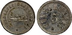 World Coins K to P PALESTINE: 5 para token (1.05g), ND (ca. 1880-1917), Menzel-28152/2 (2018), Haffner-CC-13C, 16mm nickel-lead token for the Templar Centralcasse in Sarona, probably struck at the Roy