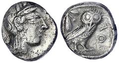 Altgriechische Münzen Attika Athen Drachme 479/393 v. Chr. Kopf der Athena mit attischem Helm n.r./Eule auf Standleiste, links Olivenzweig. 4,04 g. sehr schön, gereinigt. SNG Copenhagen 41.