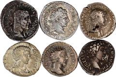 Lots antiker Münzen Römer Kaiserzeit 6 Denare: Trajan, Marc Aurel (mit und ohne Lorbeerkranz), Caracalla, Geta, Maximinus Thrax. meist sehr schön