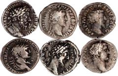 Lots antiker Münzen Römer Kaiserzeit 6 Denare der Adoptivkaiser: Trajan, Hadrian, Antoninus Pius, Marc Aurel (mit und ohne Lorbeerkranz), Commodus. schön bis sehr schön