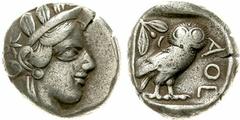 Tetradrachme nach 449 v. Chr. Athenakopf mit attischem Helm r./Î‘Î˜Î• Eule, dahinter Lorbeerzweig und Halbmond. Starr pl. XXII, 7. sehr schön, Schrötlingsriss am Rand