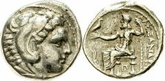 Tetradrachme, posthum, Amphipolis 316/315 v. Chr. Herakleskopf im Löwenfell r./Î‘Î›Î•ÎžÎ‘ÎÎ”Î¡ÎŸÎ¥. Zeus thront l., hält Adler, links Schilf, unter Thron Î  und Punkt. Price 129. sehr schön