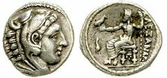 Tetradrachme, posthum, Amphipolis 316/315 v. Chr. Herakleskopf im Löwenfell r./Î‘Î›Î•ÎžÎ‘ÎÎ”Î¡ÎŸÎ¥. Zeus thront l., hält Adler, links Delfin, unter Thron Î  und Punkt. Price 133. sehr schön