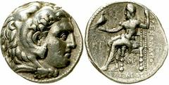Tetradrachme, posthum, Babylon 311/305 v. Chr. Herakleskopf im Löwenfell r./Î‘Î›Î•ÎžÎ‘ÎÎ”Î¡ÎŸÎ¥ Î’Î‘Î£Î™Î›Î•Î©Î£. Zeus thront l., hält Adler, links NI, unter Thron ÎœÎ¡-Monogramm. Price 3752, Müller 
