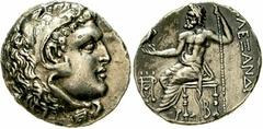Tetradrachme, posthum um 180 v. Chr., Pella. Kopf des Herakles im Löwenskalp r./Î‘Î›Î•ÎžÎ‘ÎÎ”Î¡ÎŸÎ¥. Zeus thront l. mit Adler, links Dreifuss, unter Thron B. Price 633, Müller 1151. sehr schön/vorzüg