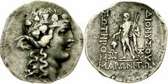 Tetradrachme 2. Jh. v. Chr. Kopf des Dionysos r./Î”Î™ÎŸÎÎ¥Î£ÎŸÎ¥ Î£ÎŸÎ¤Î—Î¡ÎŸÎ£ ÎœÎ‘Î¡Î©ÎÎ™Î¤Î©Î. Dionysos steht l., hält Weinrispe. BMC 59ff. vgl. sehr schön