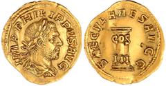 Römische Goldmünzen Römische Goldmünzen, Kaiserzeit, Philippus I. Arabs, 244-249 Aureus 248. Belorb., drap. Brb. r./SAECVLARES AVGG. Säule mit COS III. 4,01 g. vorzüglich, kl. Kratzer und Randfehler, 
