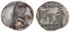 Altgriechische Münzen, Parthia, Königreich der Arsakiden, Vologases III., 105-147 Drachme 105/147, Ecbatana. Brb. l./Arsakes thront r., hält Bogen über A. vorzüglich/Stempelglanz. Sellwood 78.4.