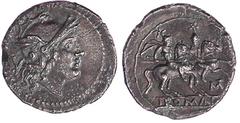 Römische Münzen, Römische Republik, Anonym, 310/130 v. Chr. Quinar 208 v. Chr. Romakopf r., links Wertangabe V/ROMA. Die Dioskuren reiten r., Beizeichen M. 2,08 g. Bei Crawford nur als Denar verzeichn