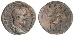 Römische Münzen, Kaiserzeit, Pupienus, 238 Sesterz 238. Belorb. drap. Brb. r./PAX PVBLICA SC. Pax sitzt n.l. sehr schön/vorzüglich, selten. RIC 22a.