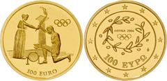 100 Euro 2004 auf die Olympischen Sommerspiele in Athen. Ankunft des Olymischen Feuers in Athen. 10 g. Feingold. KM -, Schön 166, Fb. 44. Polierte Platte, selten
