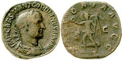 Gordian I. Africanus 238. Sesterz, 22. März bis 12. April 238, Rom. Bel., drap. Brb. r./VICTORIA AVGG SC. Victoria geht n.l. RIC 7. Gordian, bereits 84 jährig, war Proconsul von Africa, als er mit sei
