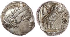 Altgriechische Münzen Attika Athen Tetradrachme nach 449 v. Chr. Athenakopf mit attischem Helm r./AΘE. Eule, dahinter Lorbeerzweig und Halbmond. Starr pl. XXII, 7. 17,15 g. vorzüglich