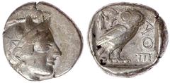 Altgriechische Münzen Attika Athen Tetradrachme nach 449 v. Chr. Athenakopf mit attischem Helm r./AΘE. Eule, dahinter Lorbeerzweig und Halbmond. Starr pl. XXII, 7. 17,02 g. sehr schön, Avers etwas dez