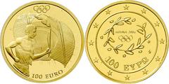 100 Euro 2004 auf die Olympischen Sommerspiele in Athen. Ankunft des Olymischen Feuers in Athen. 10 g. Feingold. KM -, Schön 166, Fb. 44. Polierte Platte, selten