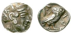Griechische Münzen Attika Athen Tetradrachme nach 449 v. Chr. Athenakopf mit attischem Helm r./Î‘Î˜Î• Eule, dahinter Lorbeerzweig und Halbmond. Starr pl. XXII, 1-8. sehr schön