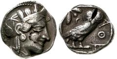 Griechische Münzen Attika Athen Tetradrachme nach 449 v. Chr. Athenakopf mit attischem Helm r./Î‘Î˜Î• Eule, dahinter Lorbeerzweig und Halbmond. Starr pl. XXII, 7. Gegenstempel auf Wange. sehr schön, P