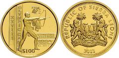 Ausländische Goldmünzen und -medaillen Sierra Leone Unabhängig seit 1961. 100 Dollars 2003 auf die Olympiade in Athen/Bogenschütze. KM 293. 6,22 g. Feingold. Mit Zertifikat. Polierte Platte