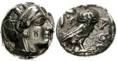 Griechische Münzen Attika Athen Tetradrachme nach 449 v. Chr. Athenakopf mit attischem Helm r./Î‘Î˜Î• Eule, dahinter Lorbeerzweig und Halbmond. Starr pl. XXII, 1-8. gutes sehr schön, Avers Schrötlings