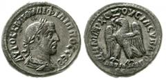 Provinzialrömische Münzen Syrien Antiochia Philippus I. Arabs 244-249. Philippus I. Arabs 244-249. Tetradrachme 244/249. Drap., bel. Brb. n.r., mit Strahlenbinde/Î”Î—ÎœÎ‘Î¡Î§ Î•ÎžÎŸÎ¥CÎ™Î‘C SC. Adler.