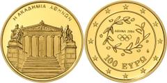 Ausländische Goldmünzen und -medaillen Griechenland Republik 1973 bis heute. 100 Euro 2004 auf die Olympischen Sommerspiele in Athen. Akademie von Athen. 10 g. Feingold. KM 207, Schön 160. In Kapsel. 
