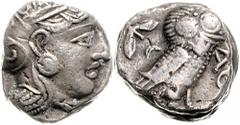 Altgriechische Münzen Attika Athen Tetradrachme 300/262 v. Chr. Athenakopf mit attischem Helm n.r./Î‘Î˜Î•. Eule n.r., links Olivenzweig. SNG Cop. 63. BMC 132 ff. sehr schön