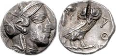 Attika Athen 500-100. Tetradrachme nach 449 v. Chr. Athenakopf mit attischem Helm r./AQE Eule, dahinter Lorbeerzweig und Halbmond. Starr pl. XXII, 7. 17,11 g. gutes sehr schön, Prüfhieb