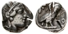 Attika Athen Tetradrachme nach 449 v. Chr. Athenakopf mit attischem Helm r./AOE Eule, dahinter Lorbeerzweig und Halbmond. Starr pl. XXII, 7. Sehr schön, Prüfhiebe und Gegenstempel