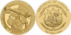 Liberia Republik seit 1847 50 Dollars 2004 Olympische Sommerspiele 2004 in Athen. Diskuswerfer des Myron vor Tempel. 6,22 g 999/1000. Auflage nur 500 Ex. In Kapsel. Schön 1607 Polierte Platte