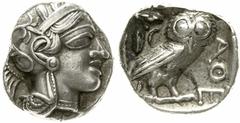 Altgriechische Münzen Attika Athen Tetradrachme ca. 440/407 v. Chr. Kopf der Athena mit verziertem, bekränzten attischen Helm n. r. / Eule steht n. r., Kopf in Vorderansicht, im Feld links oben Ölzwei