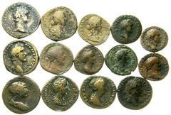 Lots antiker Münzen Römer Kaiserzeit 14 Bronzemünzen des 1. und 2. Jh. Vespasian (3 X As), Domitian (Sesterz), Trajan (Sesterz), Antoninus Pius (2 X Seterz, 1 X Dupondius), Faustina I. (As und Sesterz