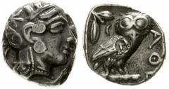 Altgriechische Münzen Attika Athen Tetradrachme ca. 440/407 v. Chr. Kopf der Athena mit verziertem, bekränzten, attischen Helm n. r. / Eule steht n. r., Kopf in Vorderansicht, im Feld links oben Ölzwe