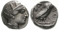 Altgriechische Münzen Attika Athen Tetradrachme nach 449 v. Chr. Athenakopf mit attischem Helm r./AOE Eule, dahinter Lorbeerzweig und Halbmond. Gegenstempel Dreizack. Starr pl. XXII, 7. 17,08 g vorzüg
