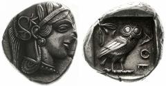 Altgriechische Münzen Attika Athen Tetradrachme nach 449 v. Chr. Athenakopf mit attischem Helm r./AOE Eule, dahinter Lorbeerzweig und Halbmond. Starr pl. XXII, 7. 17,14 g vorzüglich, Schrötlingsfehler