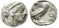 Altgriechische Münzen Attika Athen Tetradrachme nach 449 v. Chr. Athenakopf mit attischem Helm r./AOE Eule, dahinter Lorbeerzweig und Halbmond. Starr pl. XXII, 7. 17,15 g.vorzügliches, fein zentrierte