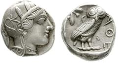 Altgriechische Münzen Attika Athen Tetradrachme nach 449 v. Chr. Athenakopf mit attischem Helm r./AOE Eule, dahinter Lorbeerzweig und Halbmond. Gegenstempel Dreizack. Starr pl. XXII, 7. 17,08 g.vorzüg