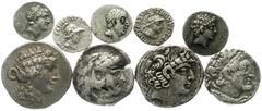 Lots antiker Münzen Griechen 9 Silbermünzen: Seleukiden Tetradrachme, Maroneia Tetradrachme, Makedonien Tetradrachme, Ptolemäer Tetradrachme, Baktrien Drachmen Menander und Antialkidas, Kappadokien 3 