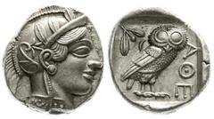 Altgriechische Münzen Attika Athen Tetradrachme nach 449 v. Chr. Athenakopf mit attischem Helm r./AOE Eule, dahinter Lorbeerzweig und Halbmond. Starr pl. XXII, 7. 17,19 g. Stempelstellung 12 h. vorzüg