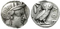 Altgriechische Münzen Attika Athen Tetradrachme nach 449 v. Chr. Athenakopf mit attischem Helm r./AOE Eule, dahinter Lorbeerzweig und Halbmond. 17,15 g. Stempelstellung 8 h. Starr pl. XXII, 7. sehr sc